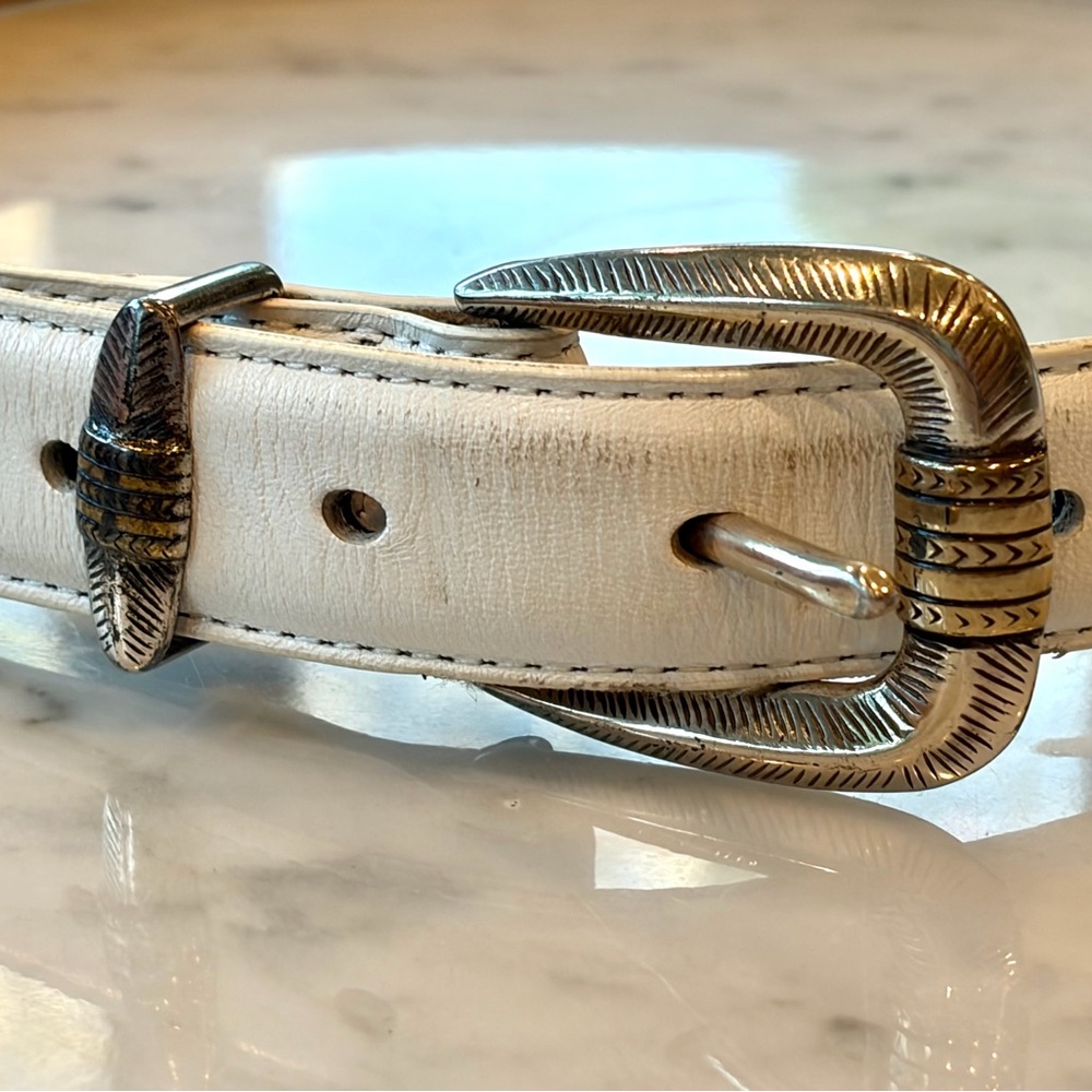Vintage Leather Belt, Antiqued Silver Buckle & tip, southwestern style, white, S - Picture 4 of 9